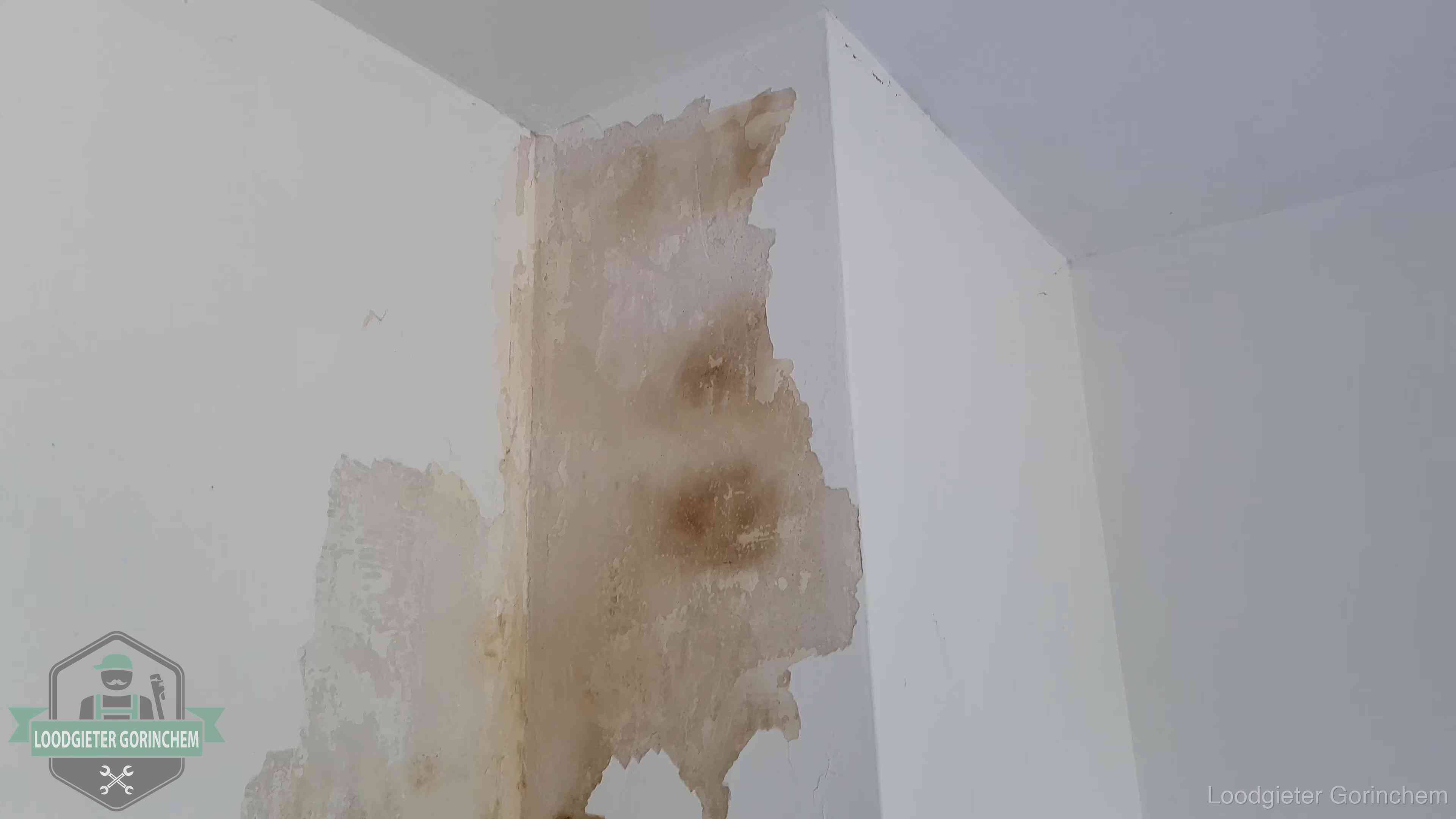 Bruine vochtkringen en afbladderend stucwerk op een binnenmuur in Gorinchem, een eerste teken van daklekkage