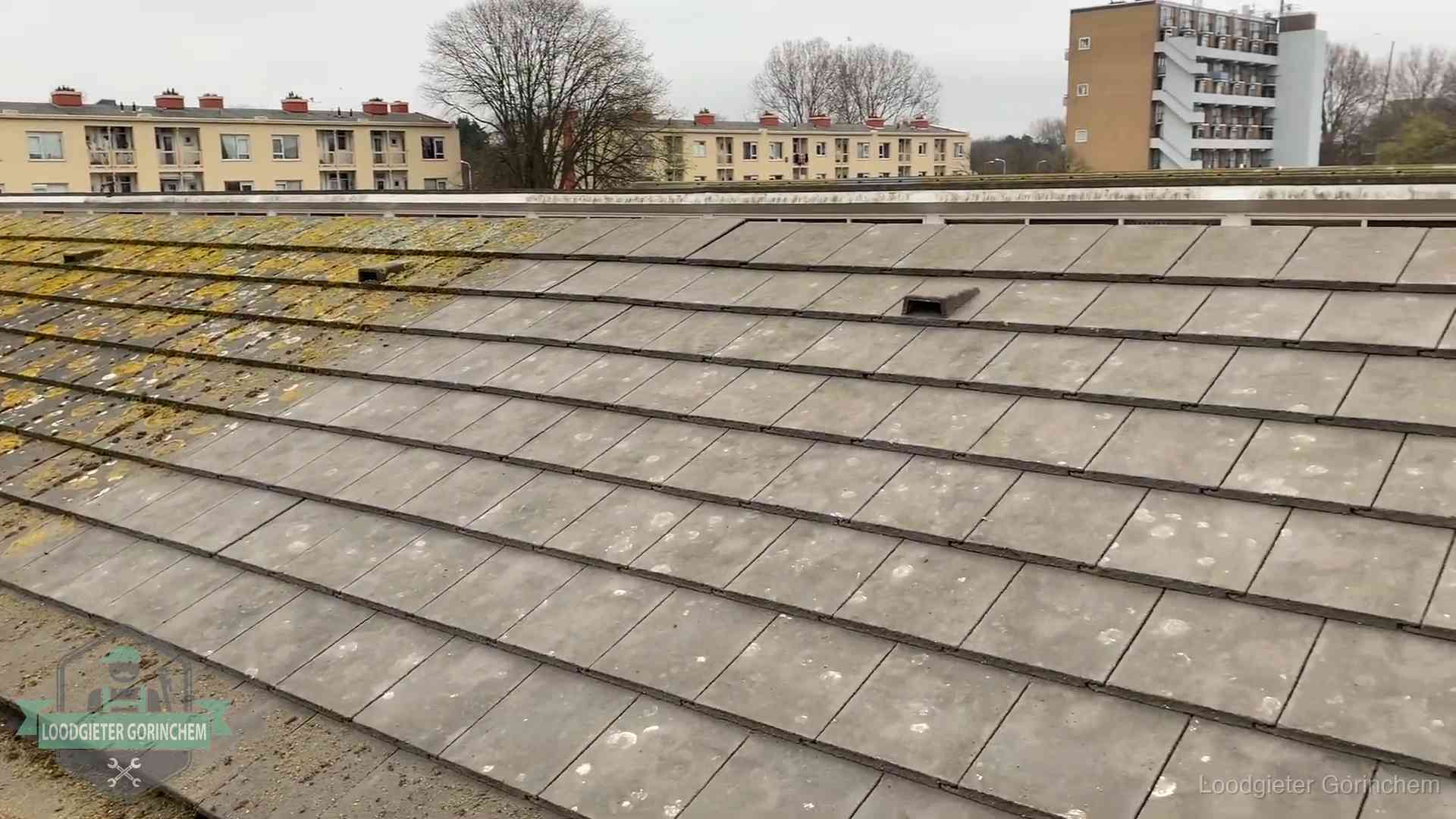 Schuin dak met betonpannen vol mos in Gorinchem, een risico op lekkage bij de pannen